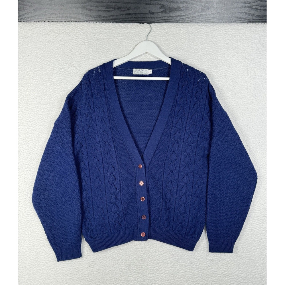 Vintage 60s 70s Cuddle Knit Wintuk Cardigan Sweater - Acrylic - Navy Blue - L